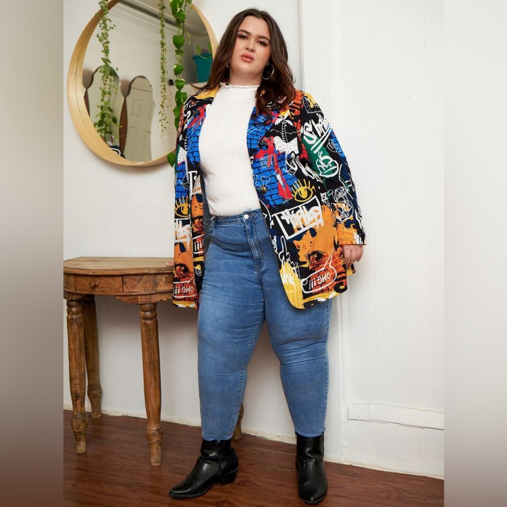 SHEIN Funky Y2K Colorful Graffiti Street Art Abstract Avant Gard Blazer Sz 24/26 - Picture 4 of 9